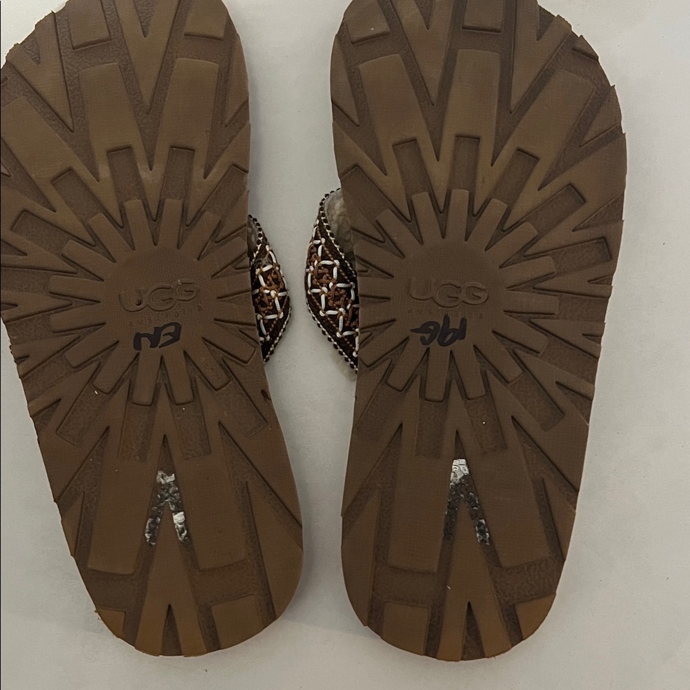 UGG Brown Suede Shearling Thong Sandals with Woven Strap Sz 9 - Picture 14 of 16